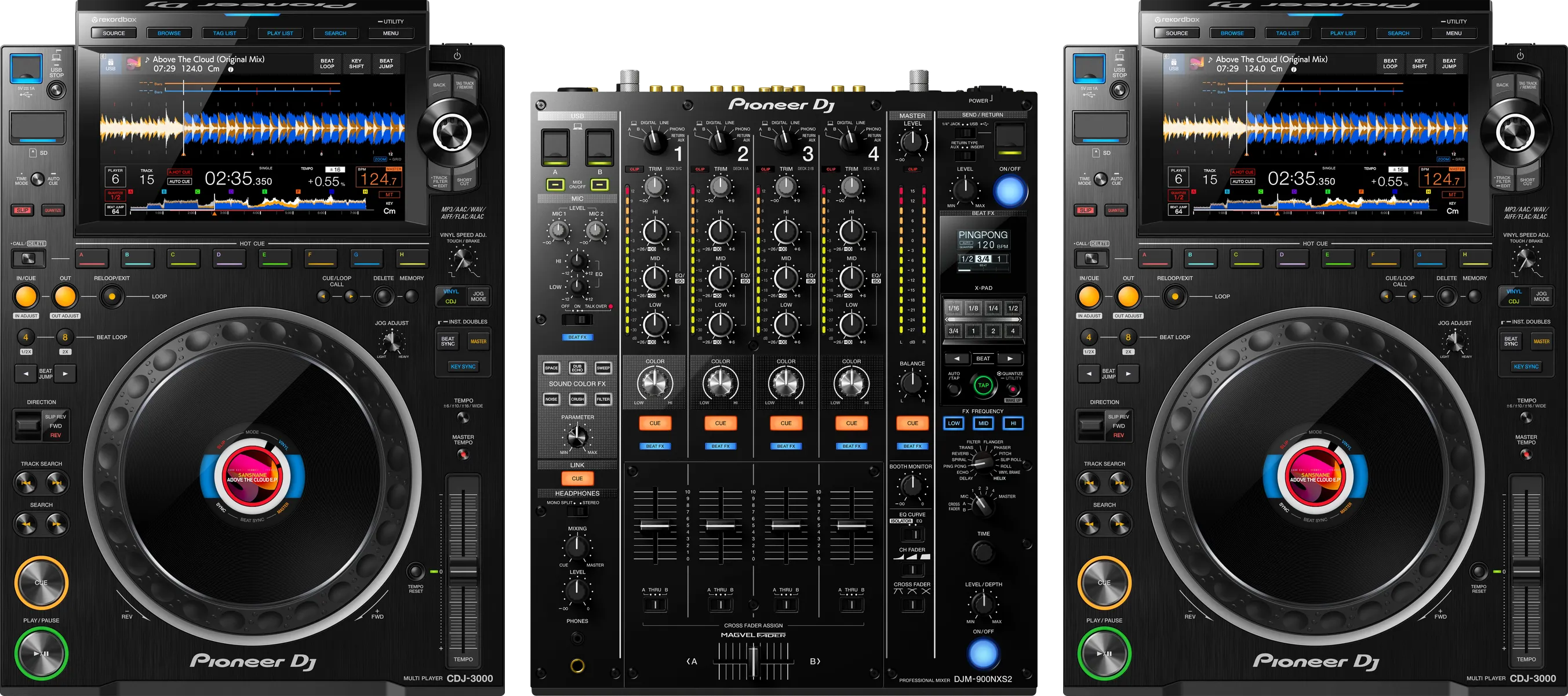 Zwei Pioneer DJ CDJ-3000 und ein DJM-900NXS2 in der Draufsicht